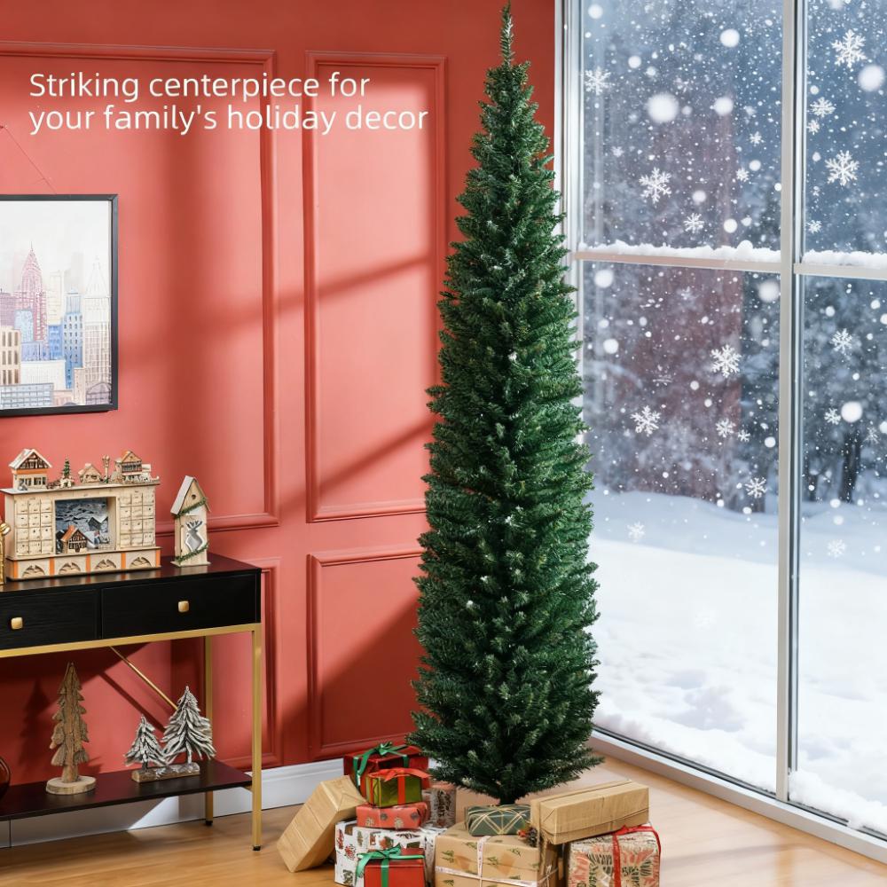8ft Slim Pencil Artificial Christmas Tree, Green, Realistic Unlit Xmas Tree with 618 Tips &amp; Sturdy Base, Easy Assembly &amp; Storage for Home Decor, Living Room, Fireplace