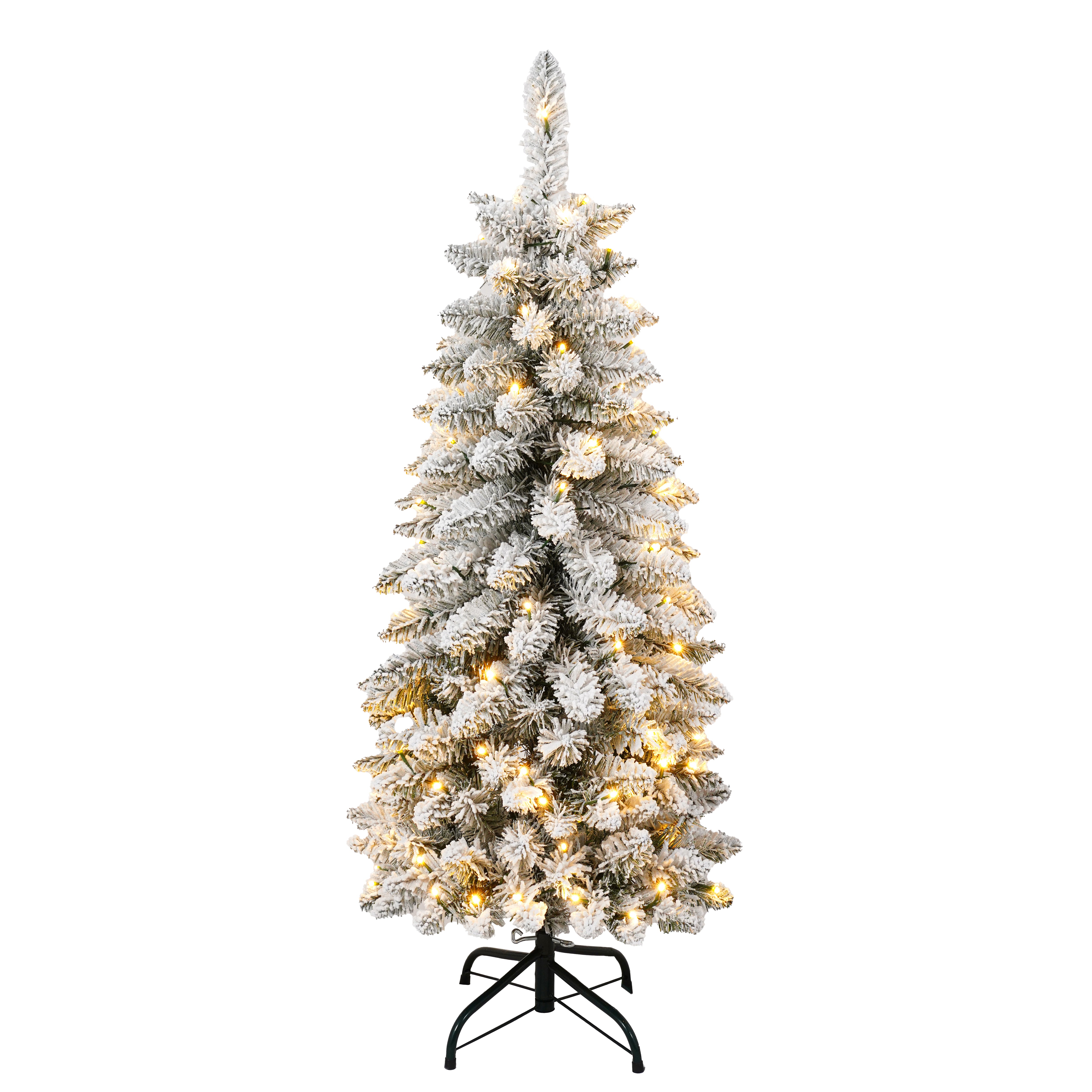 3 Pcs Flocked Artificial Christmas Trees Set w/ Warm White LED Lights, 4ft 5ft 6ft Snow-Covered Pine Tree Decor for Indoor Holiday Parties, Easy Assembly, Dense PVC Tips, Metal Stand, Green/White