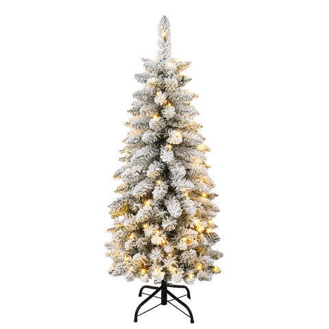 3 Pcs Flocked Artificial Christmas Trees Set w/ Warm White LED Lights, 4ft 5ft 6ft Snow-Covered Pine Tree Decor for Indoor Holiday Parties, Easy Assembly, Dense PVC Tips, Metal Stand, Green/White