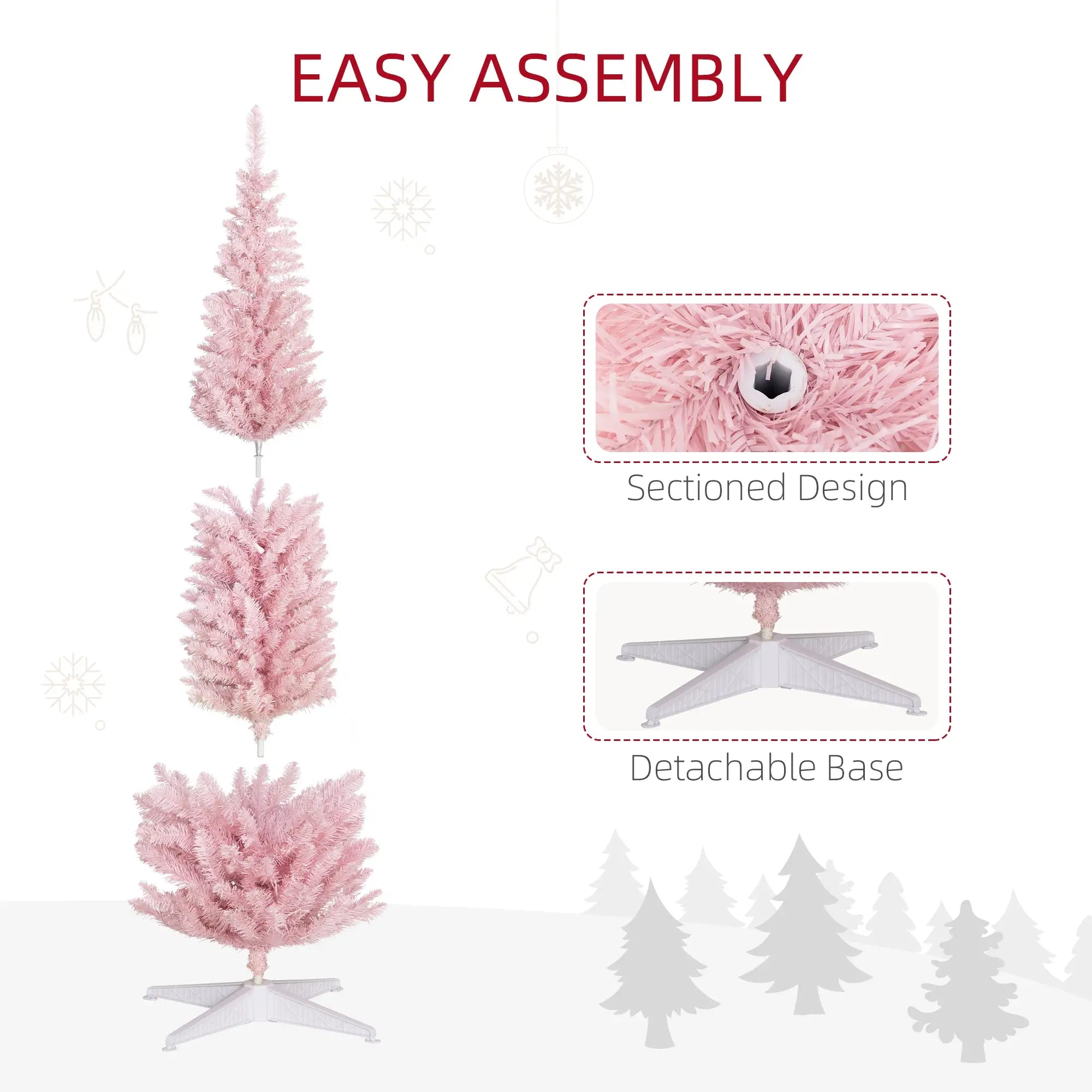 8ft Pink Pencil Christmas Tree with Warm White LED Lights | Slim, Flame-Retardant Artificial Tree for Indoor Home Decor & Small Spaces