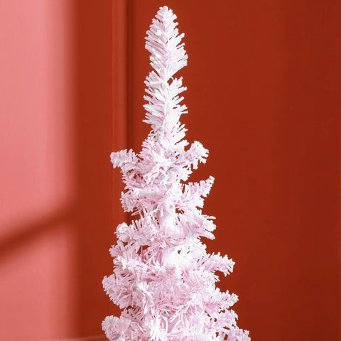 Pink 5ft Flocked Pencil Christmas Tree with Warm White LED Lights | Slim, Snow-Dusted Artificial Xmas Tree for Small Spaces, Living Room, Fireplace Decor | Easy Setup, Flame Retardant