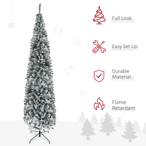 HOMCOM 9' Unlit Snow-Flocked Slim Artificial Christmas Tree, Realistic PVC Branches, 1014 Tips, Green, Sturdy Metal Base for Home & Office Holiday Decor