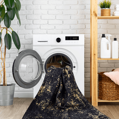 MAVAL 8x10 Washable Area Rug - Soft Chenille Black+Gold Boho Design, Non-Slip, Stain-Resistant, Low Pile for Living Room, Bedroom, Hallway, Dining Room, Kitchen