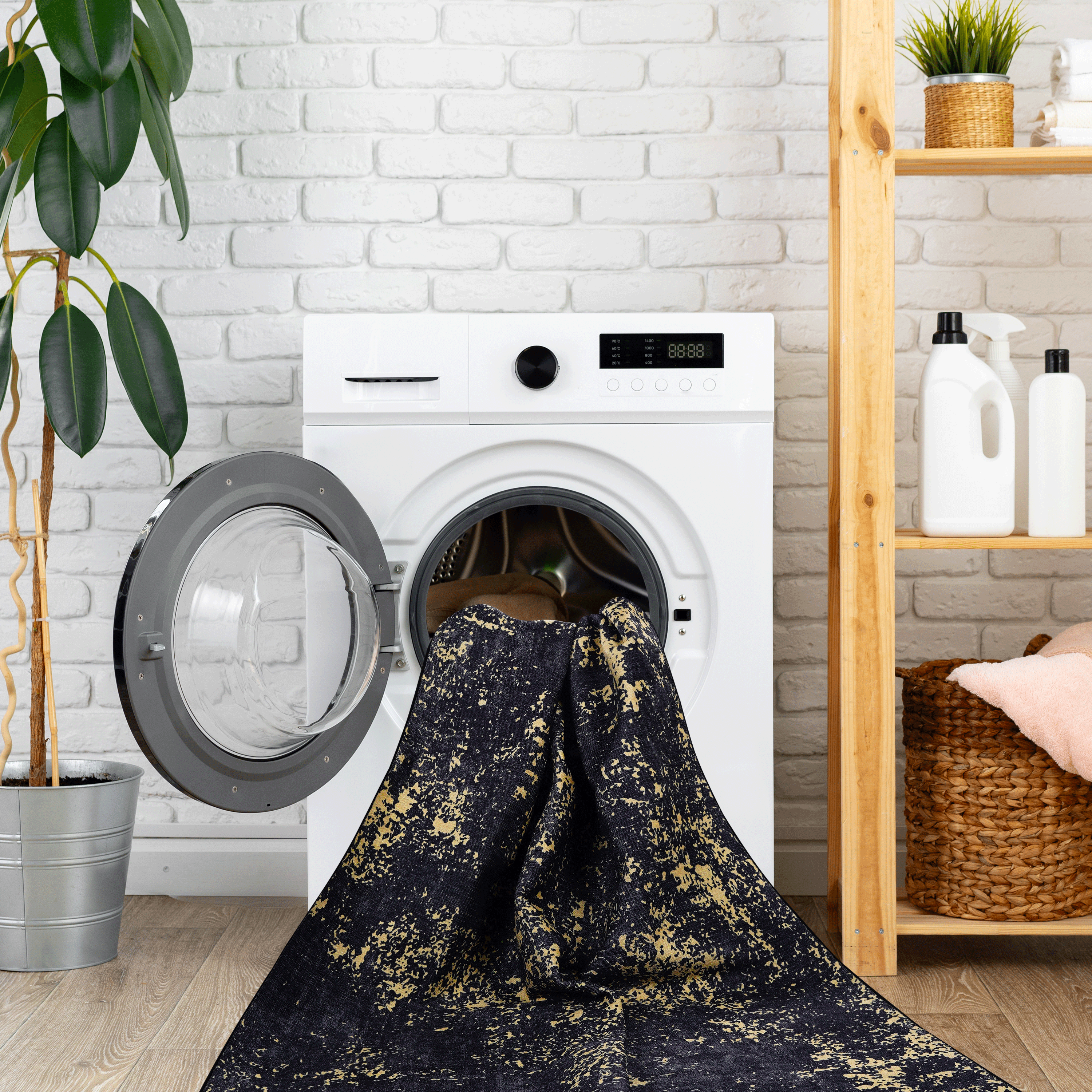 MAVAL 4x6 Washable Area Rug | Black &amp; Gold Chenille | Soft, Non-Slip, Stain-Resistant | Low Pile for Living Room, Bedroom, Hallway, Kitchen | Durable &amp; Easy Clean Indoor Mat