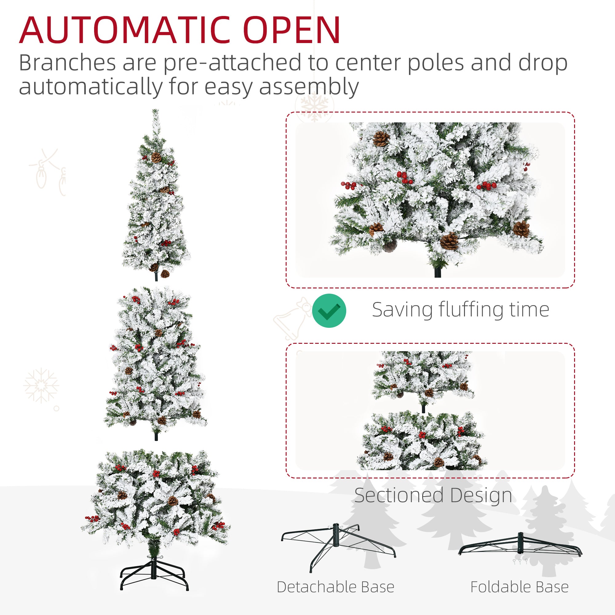 HOMCOM 7.5ft Pencil Snow Flocked Artificial Christmas Tree, Green, Realistic Branches, Pine Cones &amp; Berries, Auto Open, Flame Retardant, Easy Assembly for Home Holiday Decor