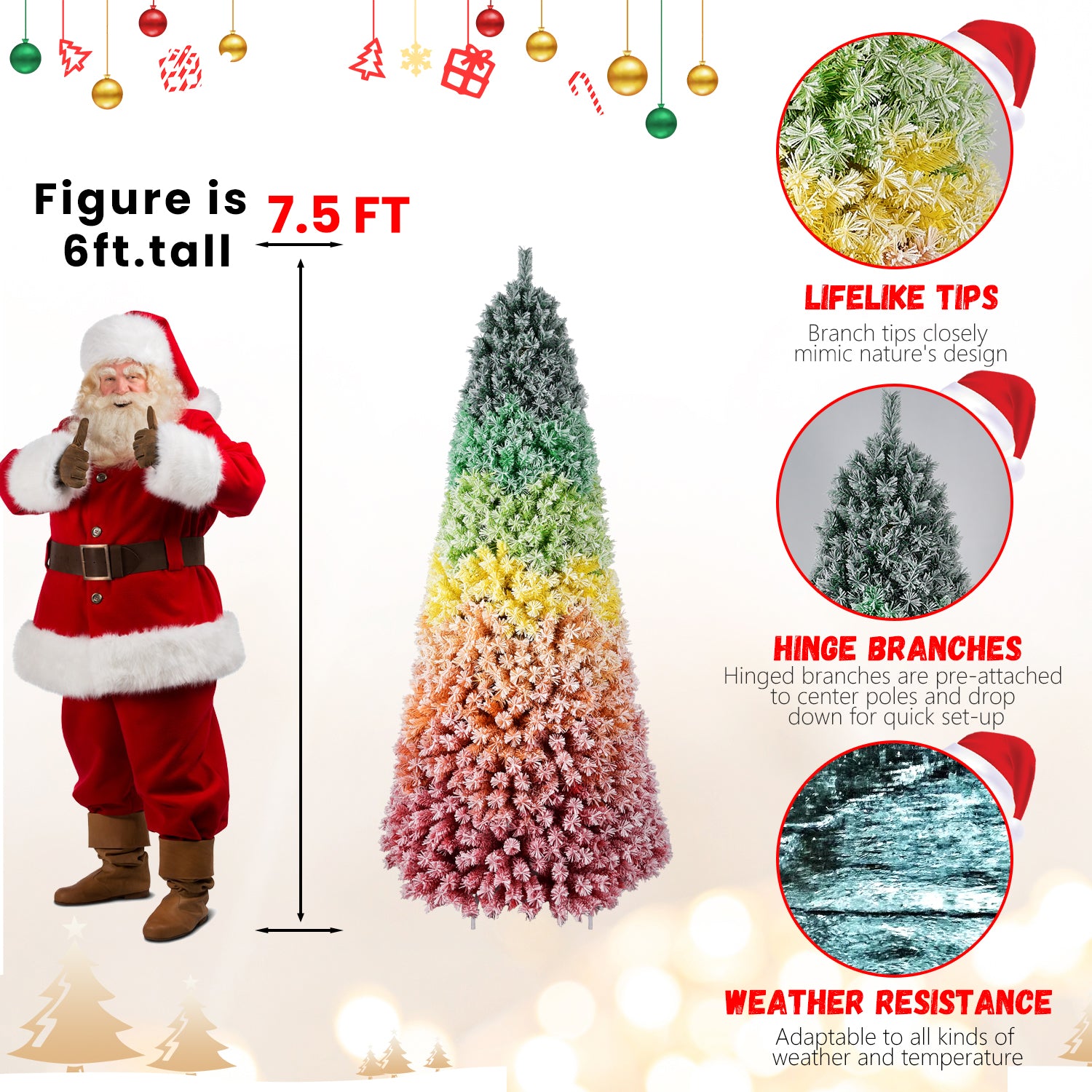 6ft Rainbow Gradient Flocked PVC Christmas Tree | 1326 Full Tips, Snowy Finish | Hinged Artificial Pine with Sturdy Metal Stand | Vibrant Indoor Holiday Decoration
