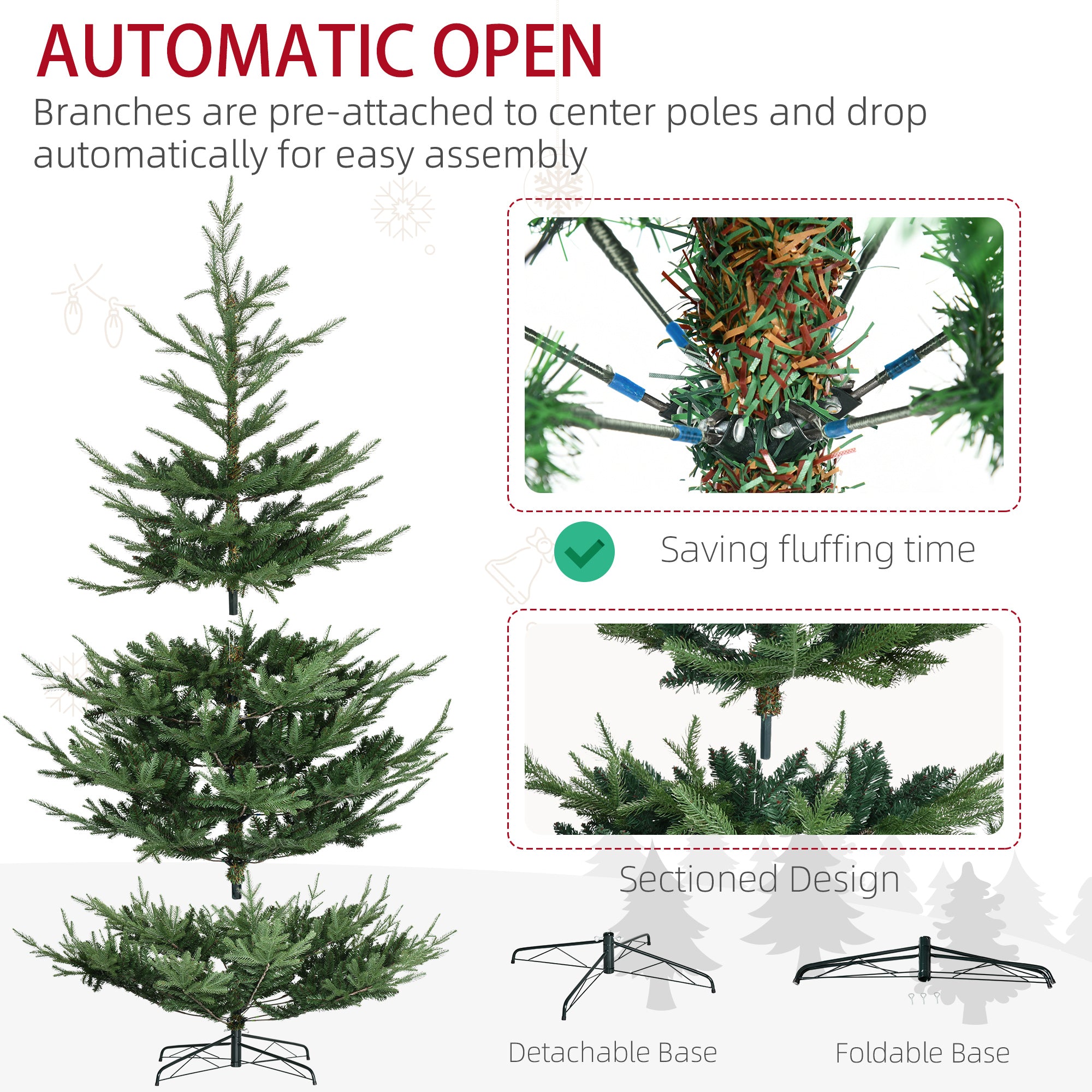 HOMCOM 9ft Hinged Artificial Christmas Tree - Realistic Pine, Auto-Open, Flame-Retardant Green PVC Branches, Sturdy Steel Base for Easy Home Decor