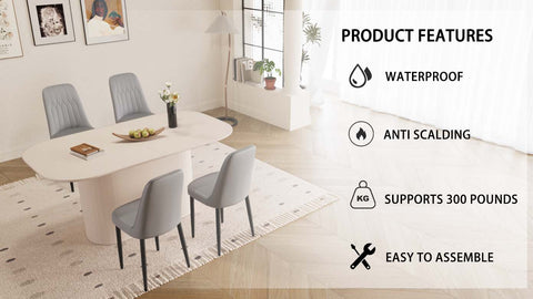 63" Cream Modern MDF Dining Table Set with 4 PU Leather Chairs, Black Metal Legs, Ergonomic Design, Stain-Resistant Tabletop, Perfect for Home Kitchen & Dining Room