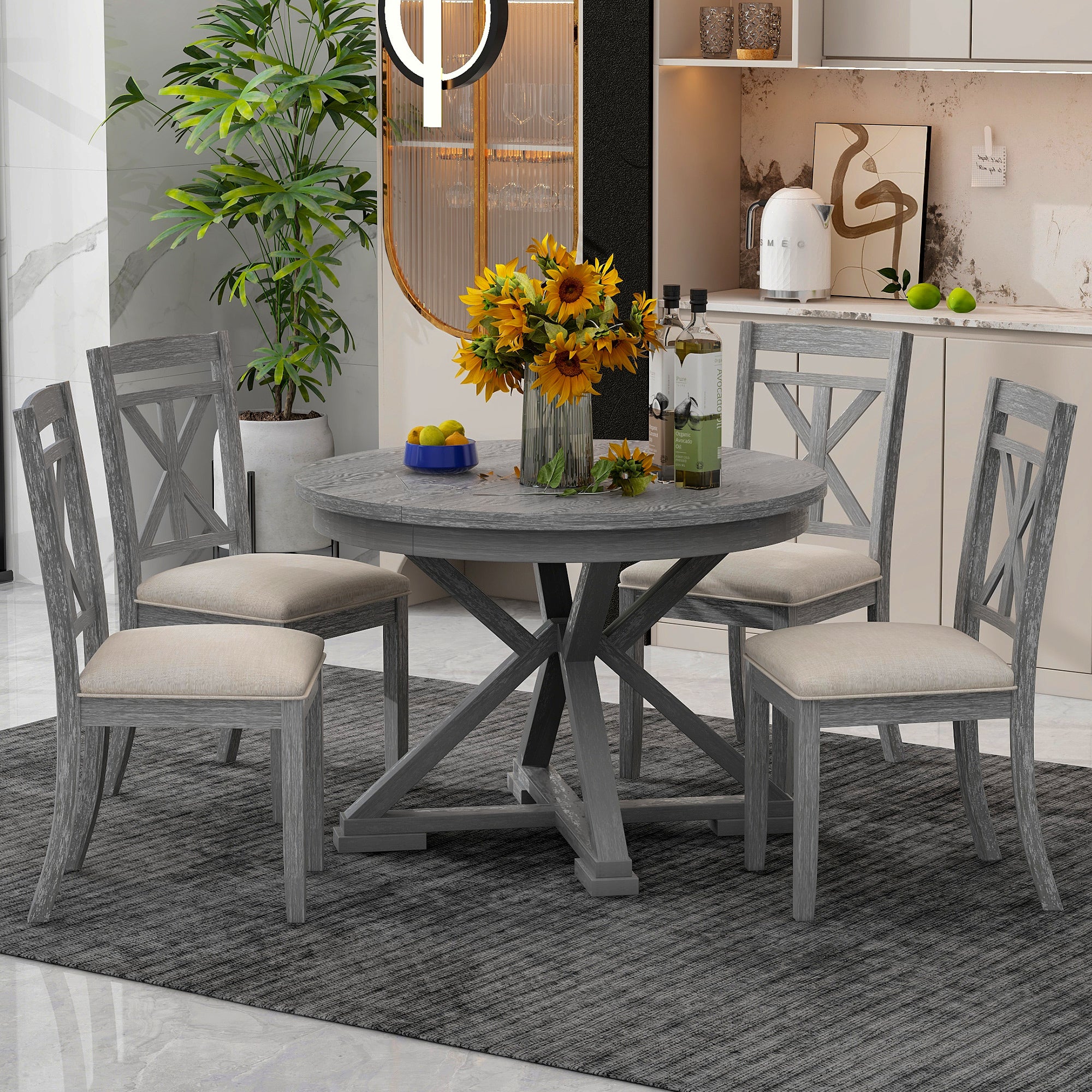 TREXM 5-Piece Extendable Round Dining Table Set for 4 - Vintage Grey Rubberwood & Linen Upholstered Chairs - 42"-54" Oval/Round Table for Kitchen, Dining Room, Living Room