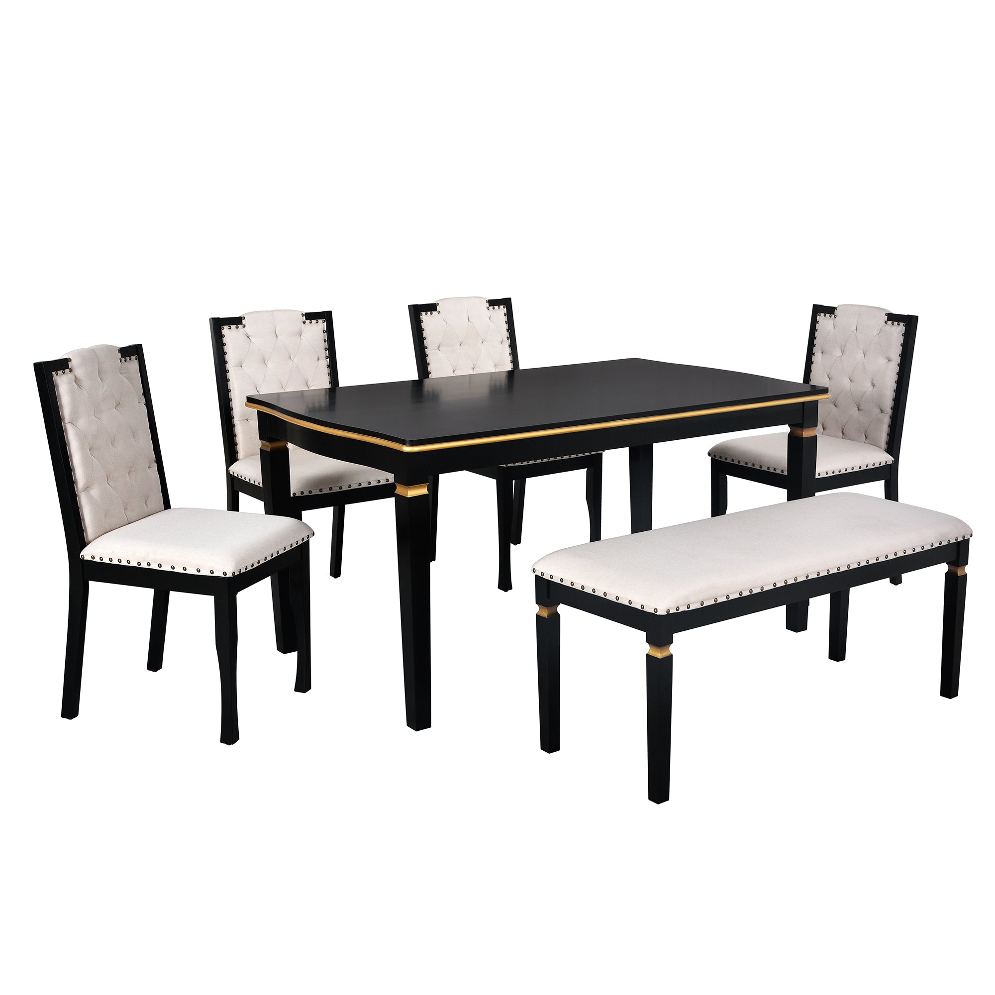 6-Piece Black Rectangular Dining Table Set for 6: 60" Solid Wood Table, 4 High-Back Tufted Upholstered Chairs &amp; Bench - Ideal for Dining Room &amp; Kitchen Gatherings