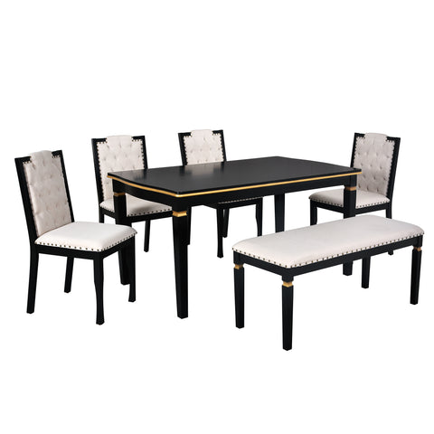 6-Piece Black Rectangular Dining Table Set for 6: 60" Solid Wood Table, 4 High-Back Tufted Upholstered Chairs &amp; Bench - Ideal for Dining Room &amp; Kitchen Gatherings