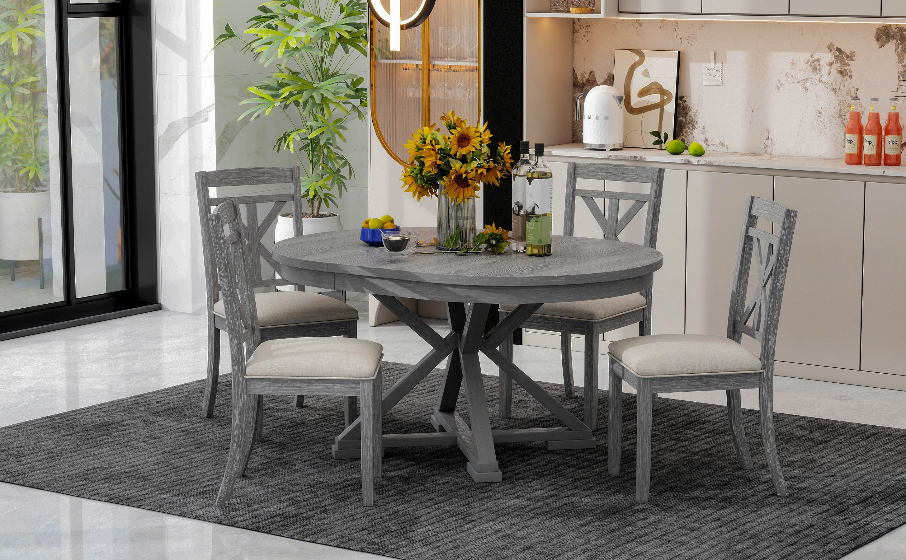 TREXM 5-Piece Extendable Round Dining Table Set for 4 - Vintage Grey Rubberwood & Linen Upholstered Chairs - 42"-54" Oval/Round Table for Kitchen, Dining Room, Living Room