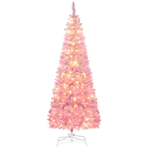 HOMCOM 6ft Pink Snow Flocked Pencil Christmas Tree | Realistic Pine Branches, Warm White LEDs, Auto Open | Indoor Holiday Decor
