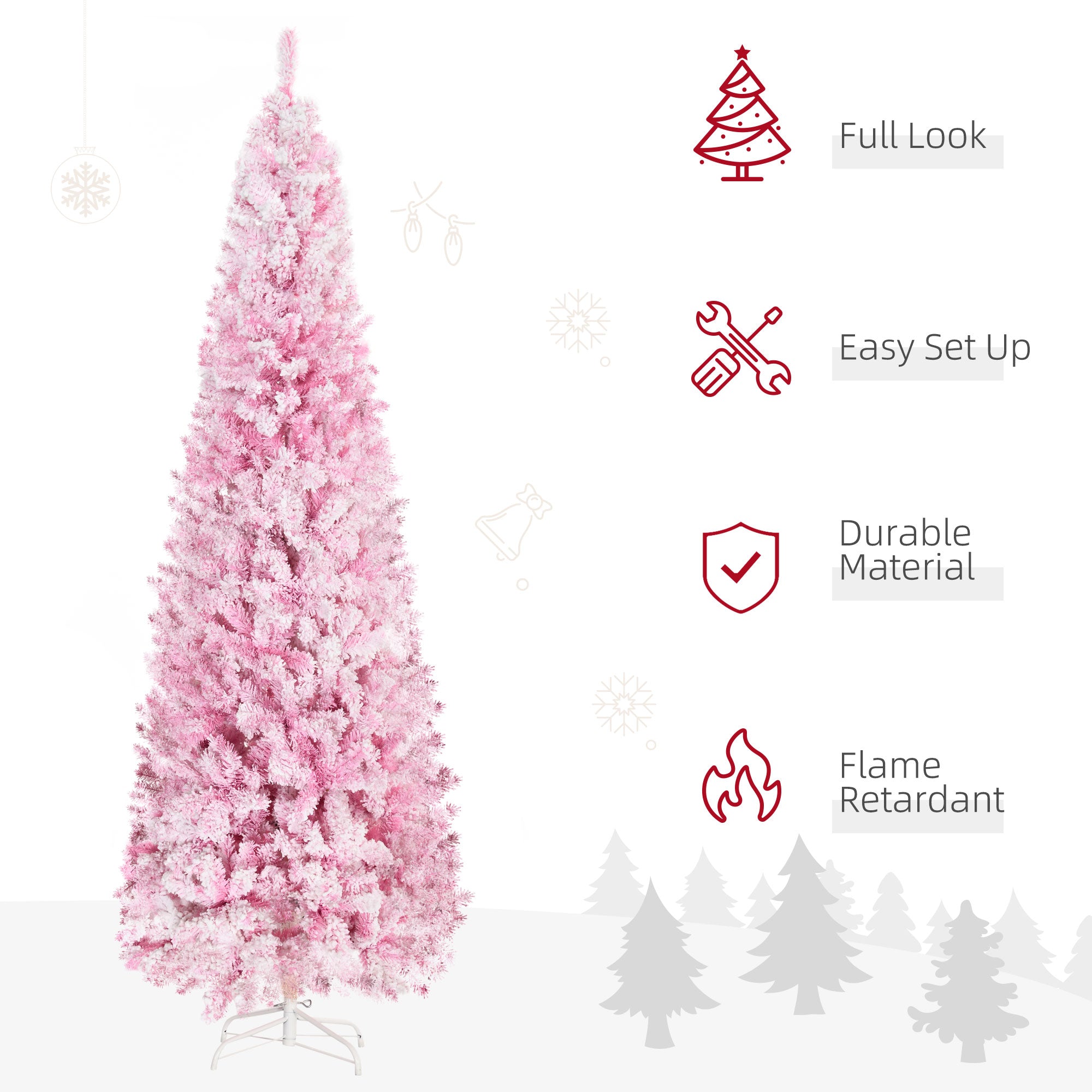 HOMCOM 7.5ft Pink Snow Flocked Pencil Christmas Tree: Realistic Slim Artificial Pine with Auto-Open, Flame-Retardant Plastic for Festive Home Decor & Holiday Ambiance