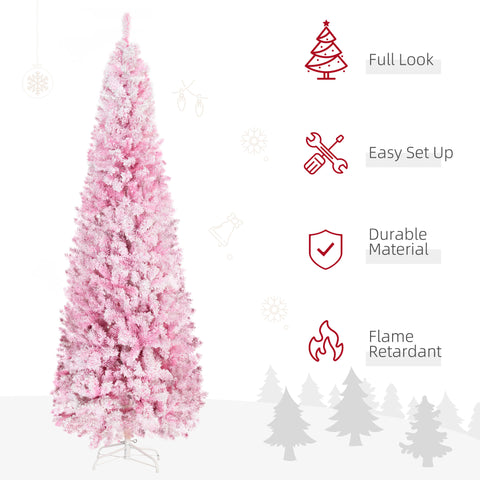 HOMCOM 7.5ft Pink Snow Flocked Pencil Christmas Tree: Realistic Slim Artificial Pine with Auto-Open, Flame-Retardant Plastic for Festive Home Decor & Holiday Ambiance