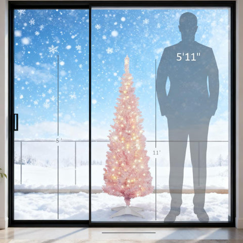 Pink 5ft Flocked Pencil Christmas Tree with Warm White LED Lights | Slim, Snow-Dusted Artificial Xmas Tree for Small Spaces, Living Room, Fireplace Decor | Easy Setup, Flame Retardant