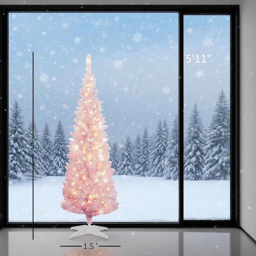 Pink 5ft Flocked Pencil Christmas Tree with Warm White LED Lights | Slim, Snow-Dusted Artificial Xmas Tree for Small Spaces, Living Room, Fireplace Decor | Easy Setup, Flame Retardant