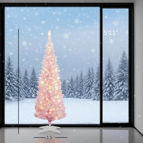 Pink 5ft Flocked Pencil Christmas Tree with Warm White LED Lights | Slim, Snow-Dusted Artificial Xmas Tree for Small Spaces, Living Room, Fireplace Decor | Easy Setup, Flame Retardant