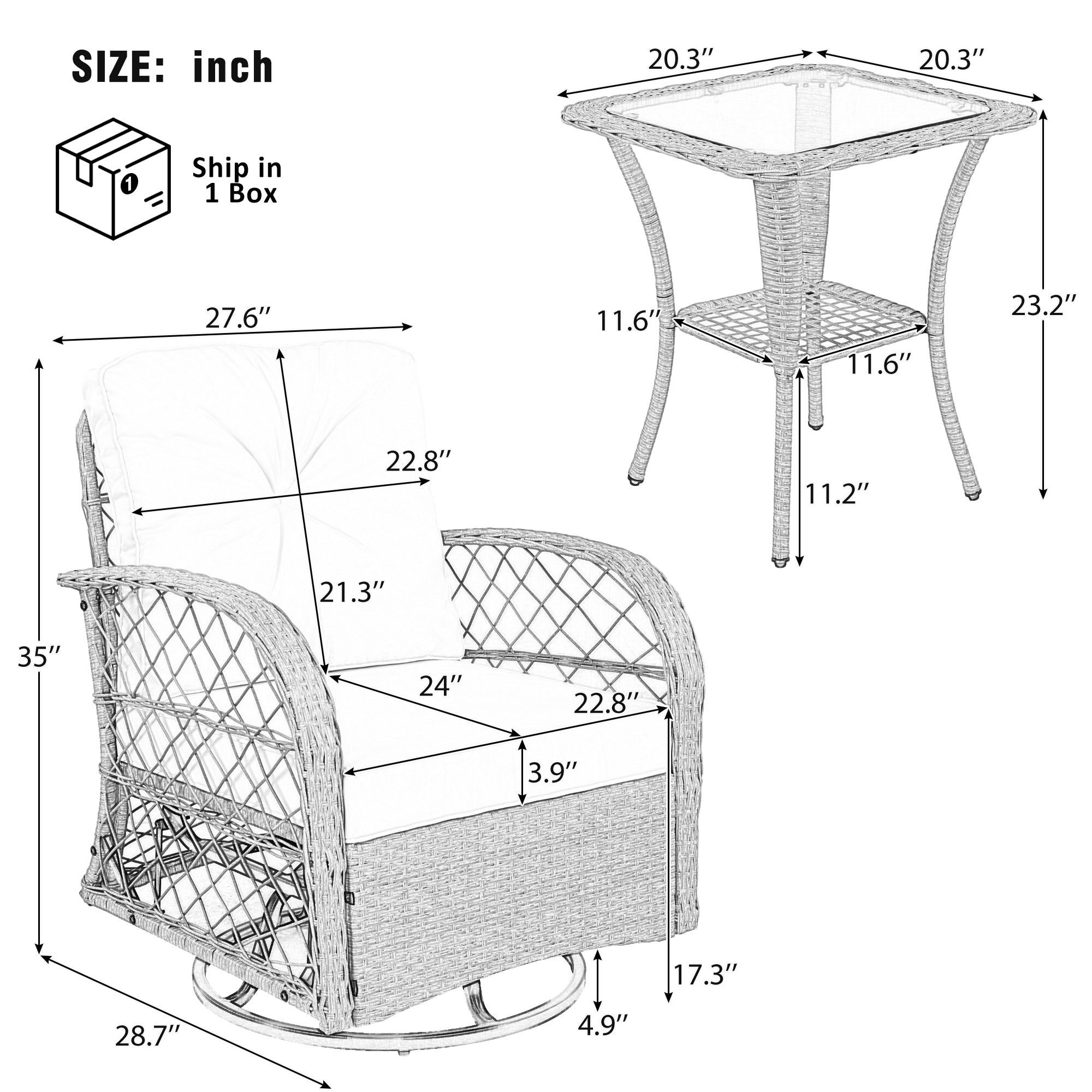 3-Piece Brown Rattan Outdoor Chat Set: 2 Swivel Rocker Chairs &amp; Glass Top Table for Garden Patio Balcony, Weather-Resistant Wicker Seating Group with Cushions