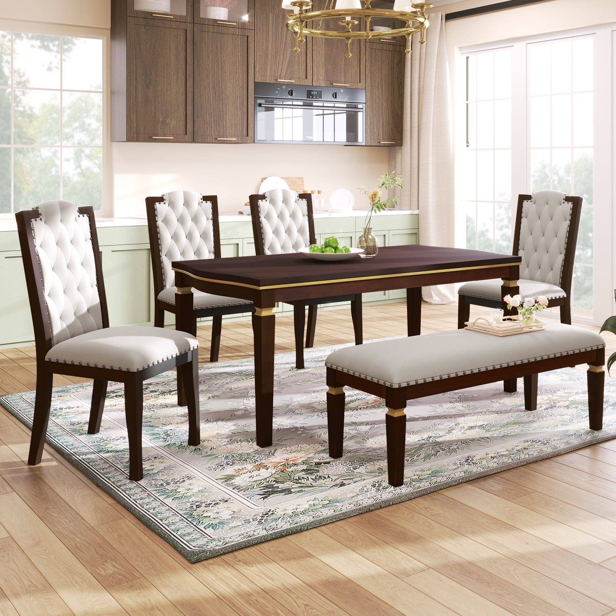 6-Piece Espresso Solid Wood Dining Table Set: 60" Rectangular Table, 4 High-Back Tufted Chairs & Bench, Seats 6 for Kitchen & Dining Room, Elegant Craftsmanship & Comfort