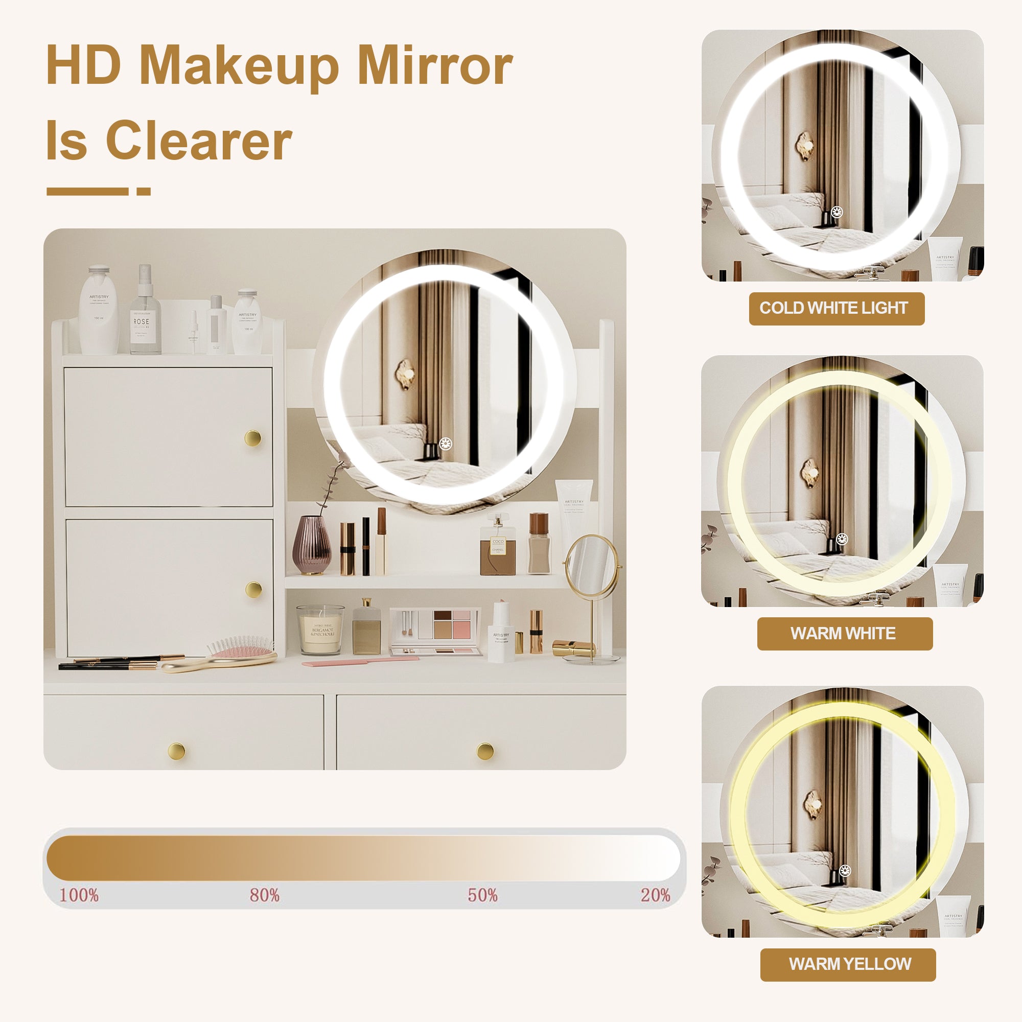 Fashion Vanity Desk with Mirror & Lights, 5 Drawers, White MDF, 47" Modern Makeup Table Set with Cushioned Stool, Adjustable 3-Color LED Lighting, Bedroom Furniture, Ideal Gift