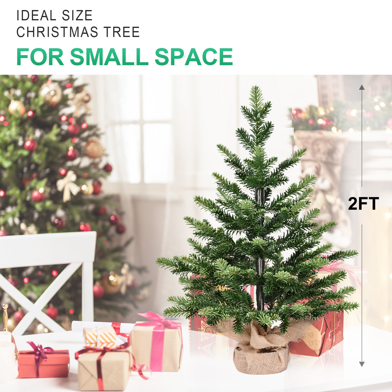 2FT Realistic Full PE Christmas Tree | 230 Lush Tips, Green Mini Tabletop Decor | Cement-Filled Base for Home, Office, Dorm Entryway Holiday Charm