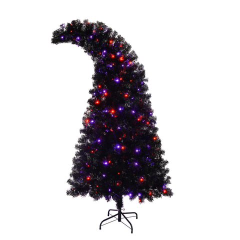 6ft Black Artificial Christmas Tree with LED Lights: Whimsical Hat-Shaped, 900 PET Tips, 250 Orange/Purple Lights, Hinged Branches, Metal Stand for Indoor Holiday Decor