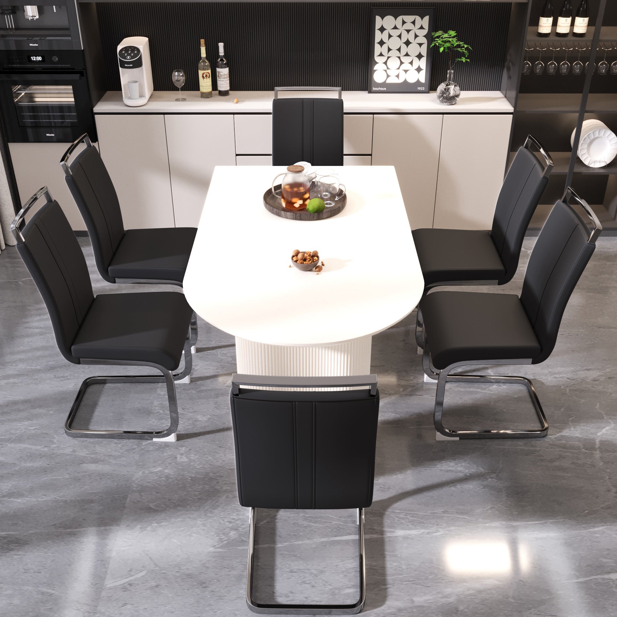 63" Cream MDF Dining Table Set for 6: Modern PU Armless Chairs, Silver Metal Legs, Stain-Resistant Top, Ideal for Home Kitchen & Dining Room Gatherings