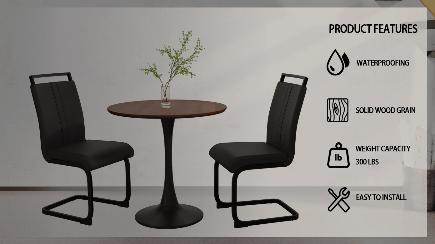 31.5" Walnut Tulip Dining Table Set for 2-4, Round MDF Kitchen Table with 2 Black PU Metal Leg Chairs - Modern Compact Dining Room Furniture, Easy Assembly