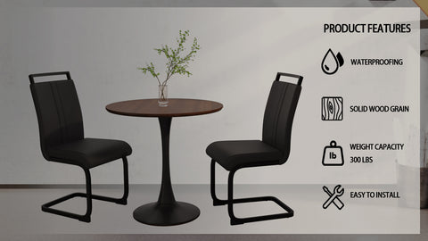 31.5" Walnut Tulip Dining Table Set for 2-4, Round MDF Kitchen Table with 2 Black PU Metal Leg Chairs - Modern Compact Dining Room Furniture, Easy Assembly