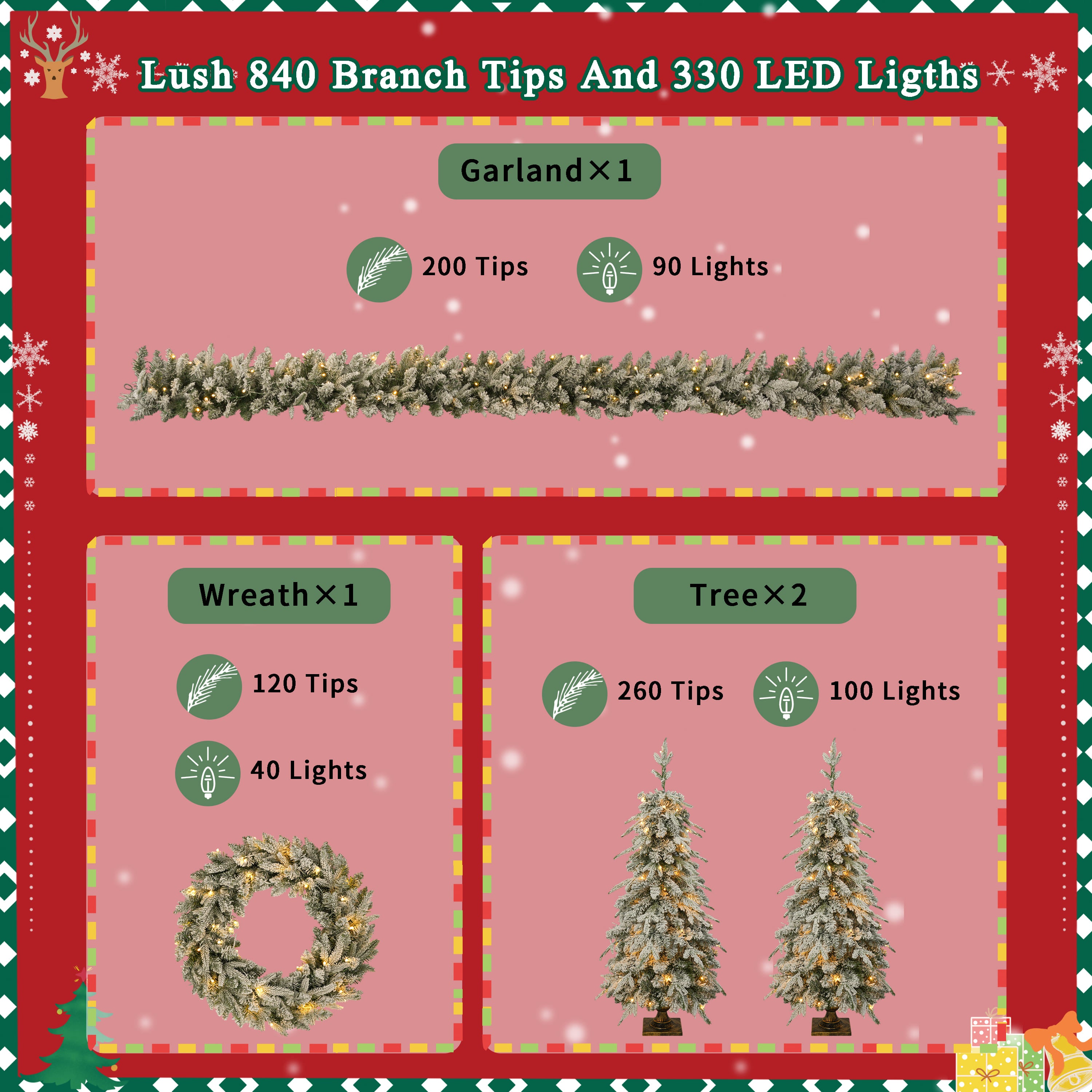 Pre-lit 4-Piece Christmas Tree Set: 4ft Artificial Tree, Wreath, Garland & 2 Entrance Trees with 330 Warm White LED Lights, Lush Green PVC Foliage for Festive Home & Office Decor