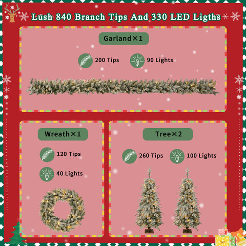 Pre-lit 4-Piece Christmas Tree Set: 4ft Artificial Tree, Wreath, Garland & 2 Entrance Trees with 330 Warm White LED Lights, Lush Green PVC Foliage for Festive Home & Office Decor