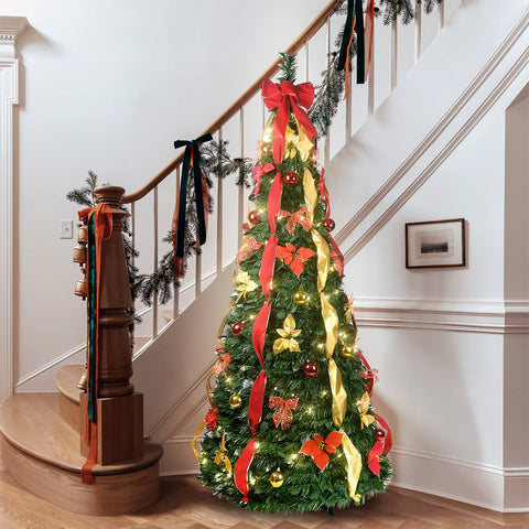7.5FT Pop-Up Christmas Tree: Pre-Lit w/ 200 Warm White UL Lights, Fully Decorated Red &amp; Gold Ornaments, Flowers, Ribbons. Easy Assembly, Space-Saving Collapsible Holiday Decor for Homes &amp; Apartments.