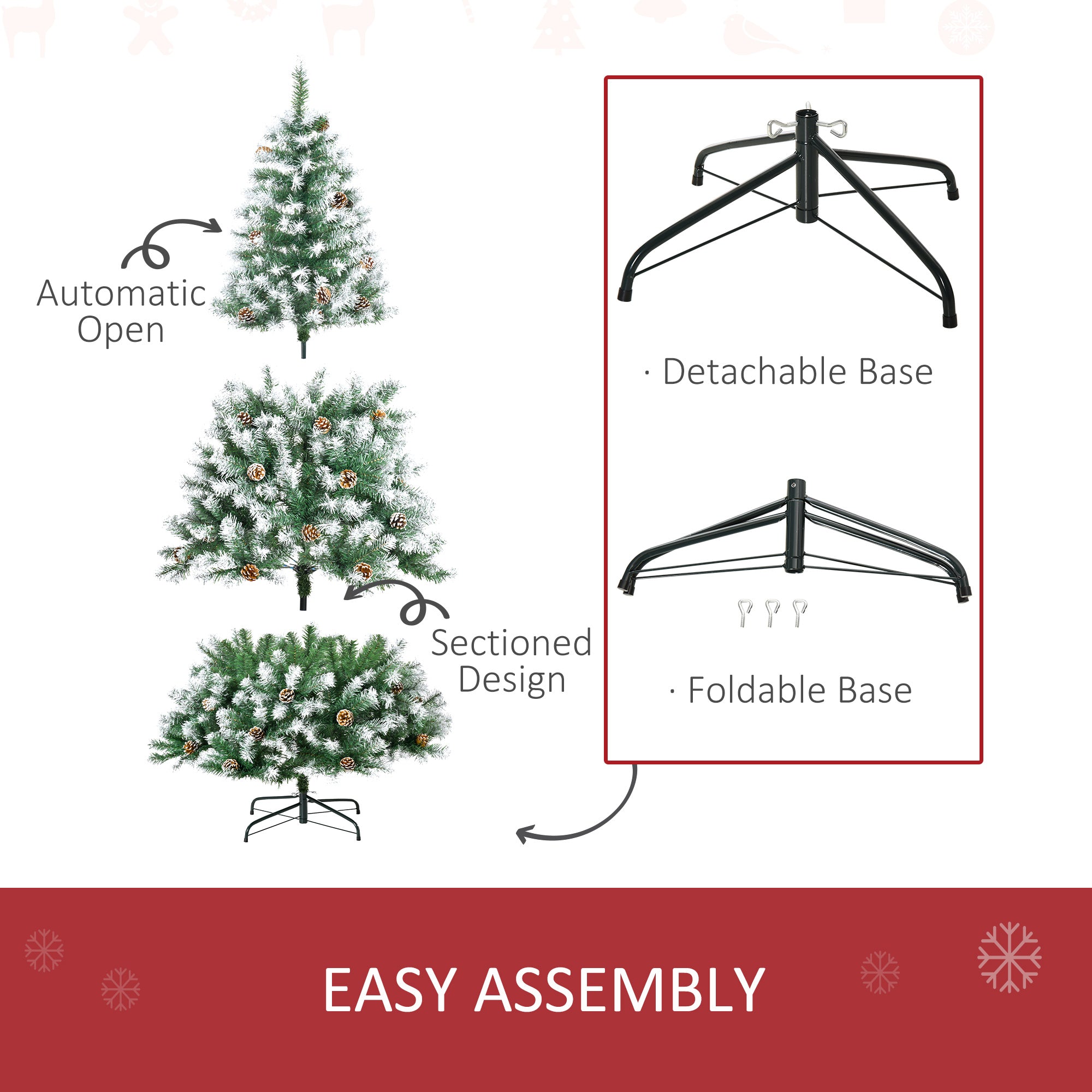 HOMCOM 6ft Snow-Dusted Fir Christmas Tree | Realistic PVC Branches, 800 Tips, 61 Pine Cones | Full, Flocked Holiday Decor for Home, Living Room, Indoor Use | Easy Setup &amp; Storage