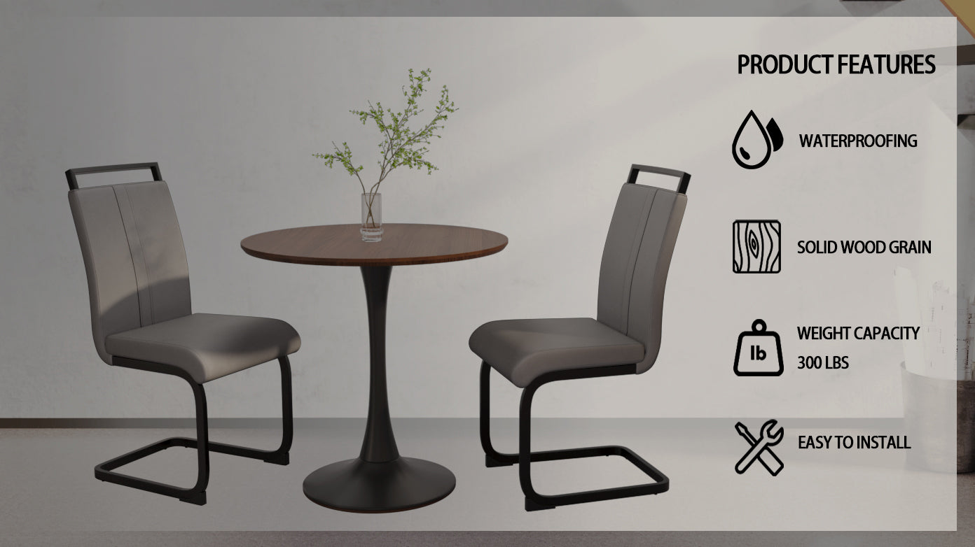 31.5" Walnut Tulip Round Dining Table Set for 2-4, MDF Top &amp; Base, 2 Gray PU Metal Leg Chairs - Elegant Kitchen &amp; Small Space Furniture