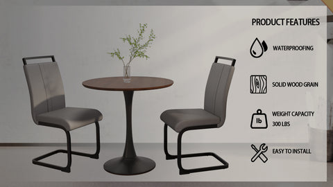 31.5" Walnut Tulip Round Dining Table Set for 2-4, MDF Top &amp; Base, 2 Gray PU Metal Leg Chairs - Elegant Kitchen &amp; Small Space Furniture