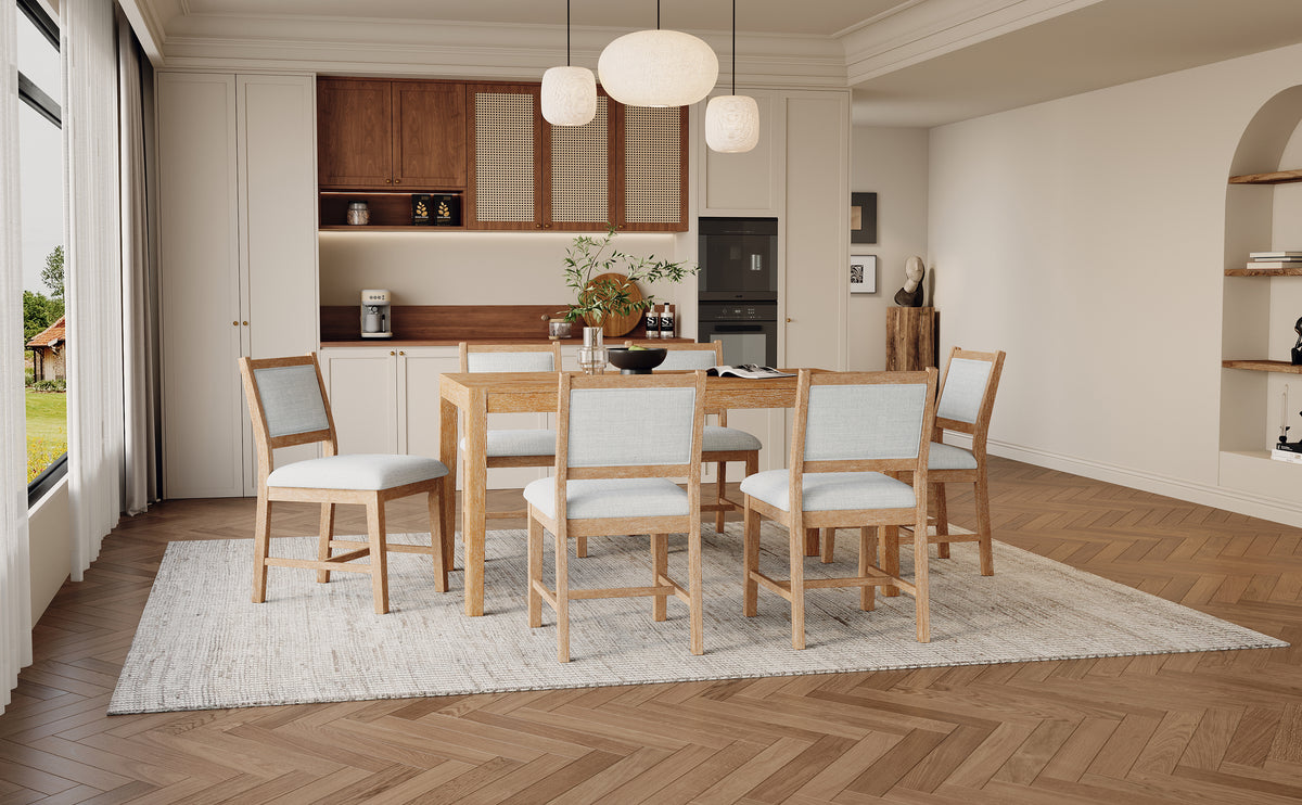 TREXM 7-Piece Retro Rectangular Wood Dining Table Set for 6 - Natural Oak Veneer & MDF with Upholstered Foam Chairs - Spacious Kitchen & Dining Room Furniture - Durable Solid Wood Legs