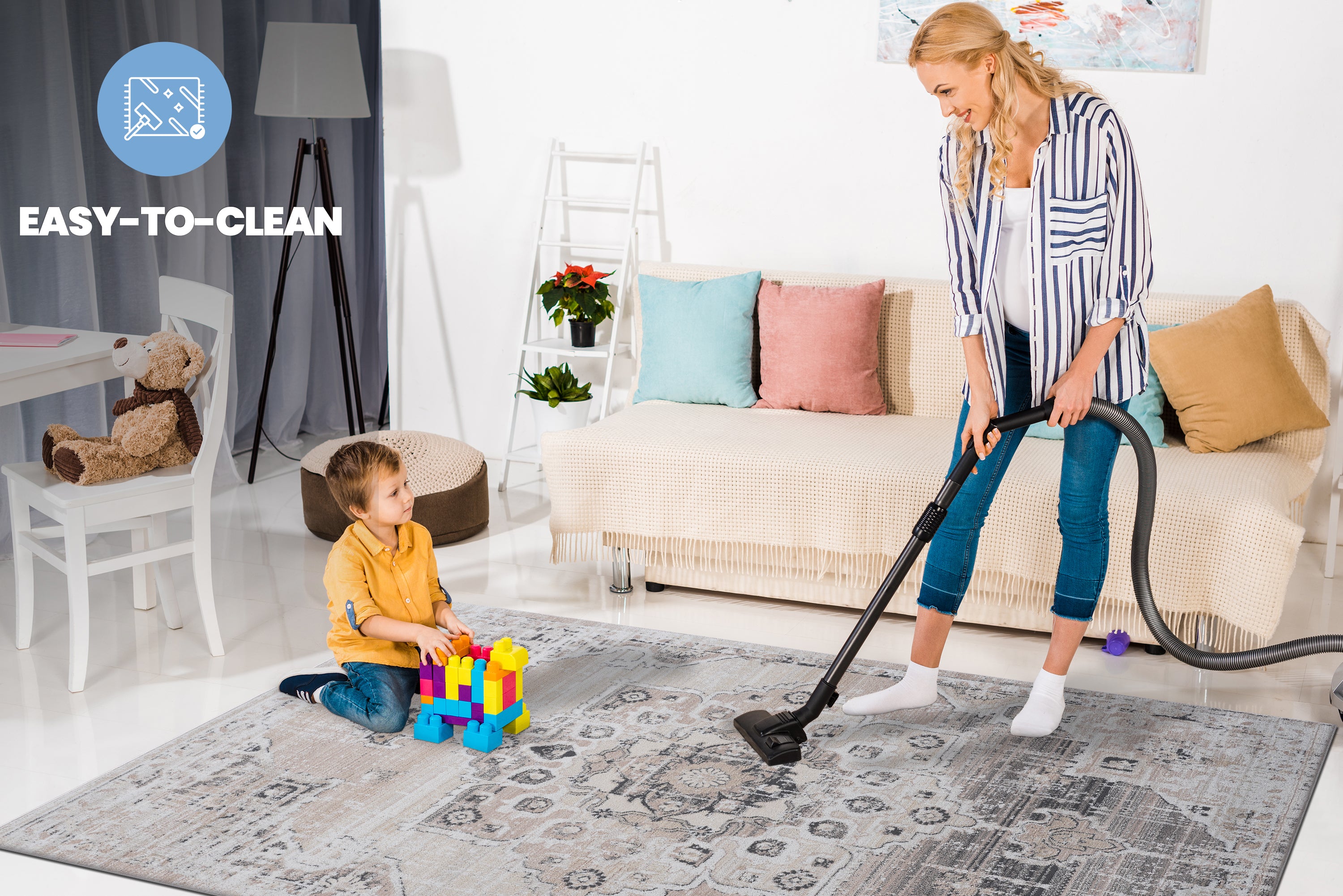 PAYAS Collection 6x9 Cream Medallion Area Rug - Stain Resistant, Non-Shedding Polyester for Living Room, Bedroom, Office. Durable, Easy Care, 0.28" Pile, Latex-Free Cotton Backing.