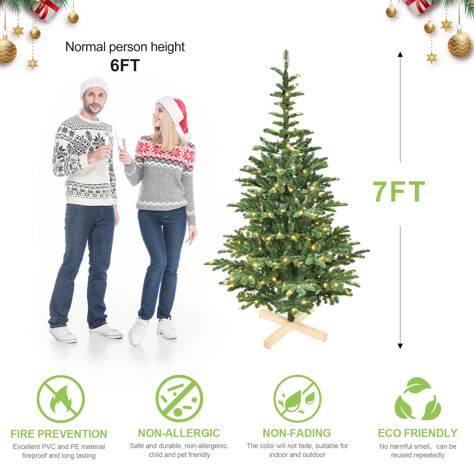 7ft Pre-Lit Artificial Christmas Tree: 400 Warm White LEDs, 941 Realistic PE+PVC Tips, Rustic Wooden Base - Full Holiday Decor for Home &amp; Indoor Spaces