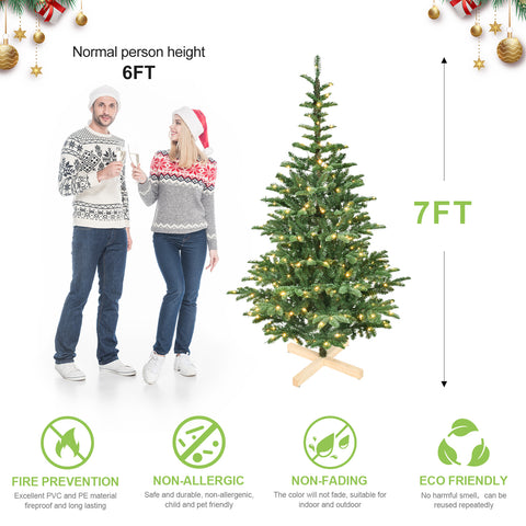7ft Pre-Lit Artificial Christmas Tree: 400 Warm White LEDs, 941 Realistic PE+PVC Tips, Rustic Wooden Base - Full Holiday Decor for Home &amp; Indoor Spaces