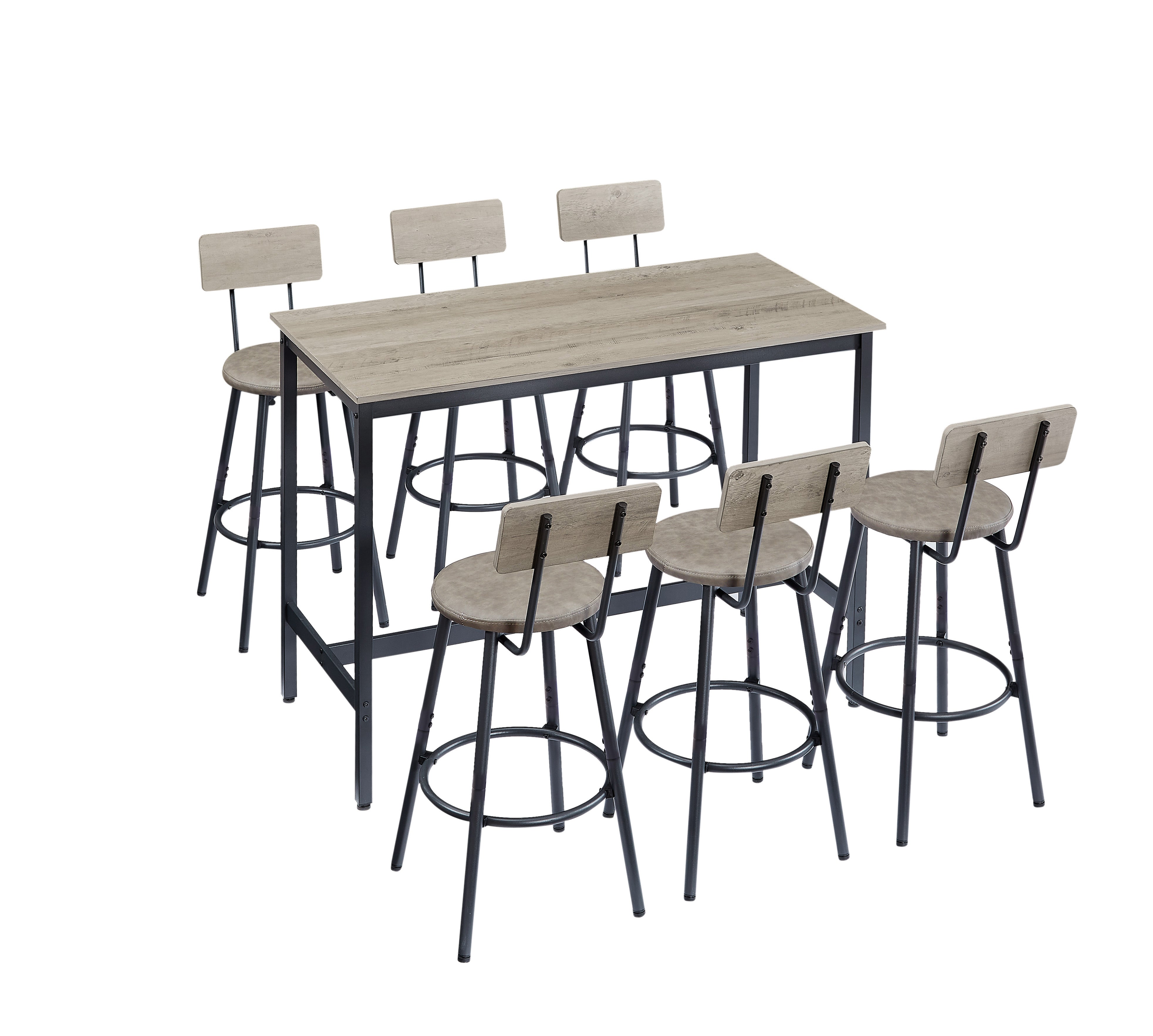 Rustic Grey Industrial Pub Dining Table Set for 6 - 7pc Bar Table w/ PU Leather Back Chairs, 47.2"L x 23.6"W x 35.4"H, Kitchen, Breakfast Nook, Living Room, Bar Area