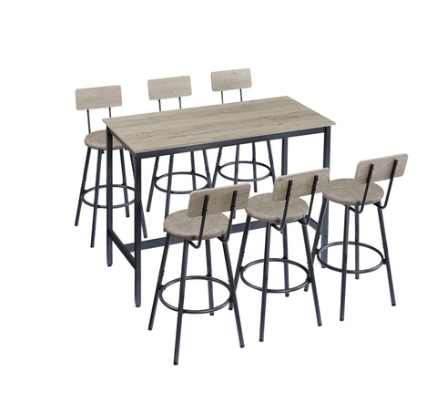 Rustic Grey Industrial Pub Dining Table Set for 6 - 7pc Bar Table w/ PU Leather Back Chairs, 47.2"L x 23.6"W x 35.4"H, Kitchen, Breakfast Nook, Living Room, Bar Area