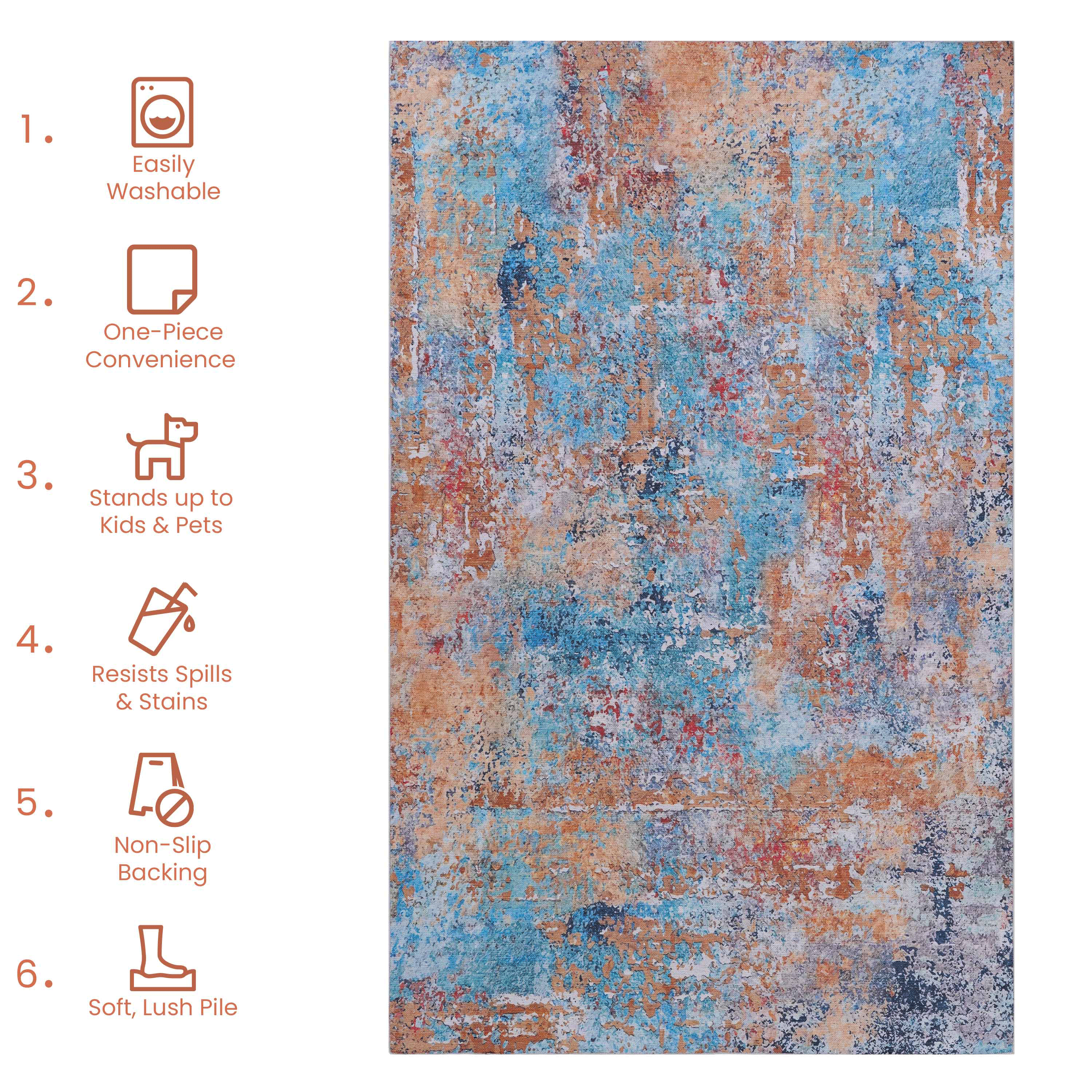 MAVAL 9x12 Washable Area Rug - Soft Chenille Polyester Boho Style, Multi-Color, Low Pile, Stain-Resistant, Non-Slip for Living Room, Bedroom, Dining, Kitchen, High-Traffic Areas