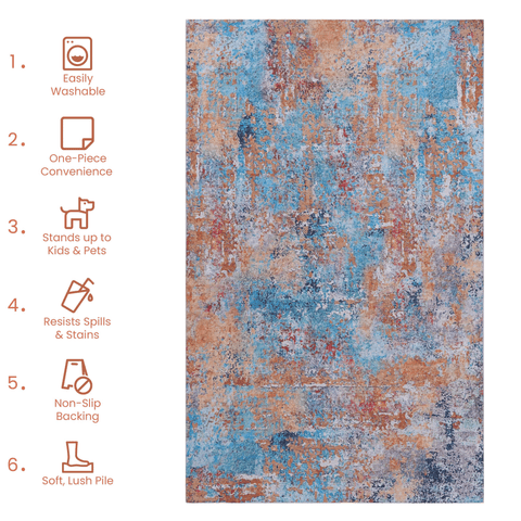 MAVAL 9x12 Washable Area Rug - Soft Chenille Polyester Boho Style, Multi-Color, Low Pile, Stain-Resistant, Non-Slip for Living Room, Bedroom, Dining, Kitchen, High-Traffic Areas