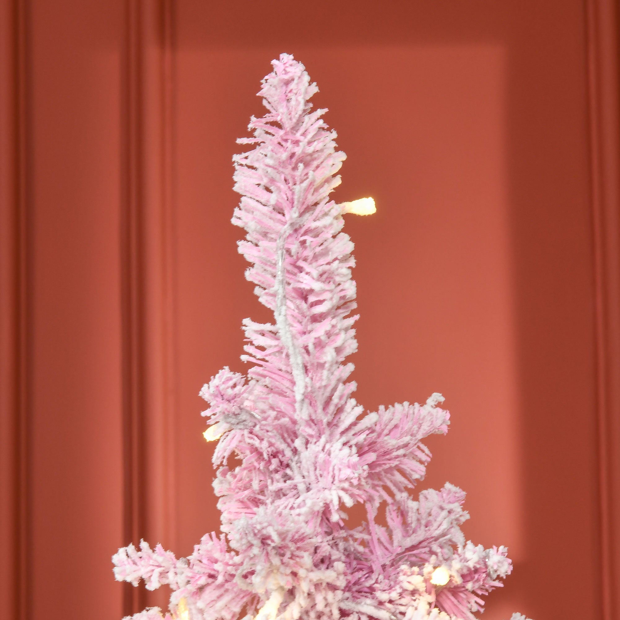 HOMCOM 6ft Pink Snow Flocked Pencil Christmas Tree | Realistic Pine Branches, Warm White LEDs, Auto Open | Indoor Holiday Decor