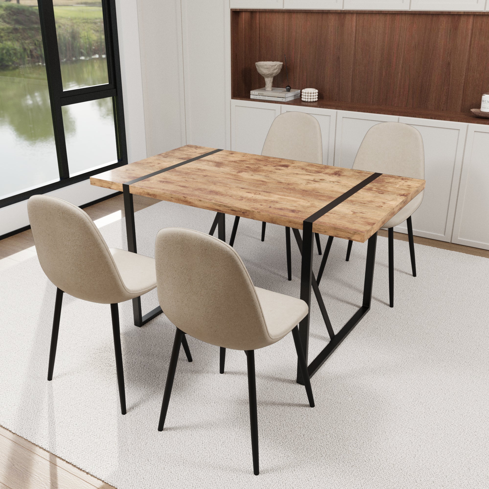 55" Dark Wood Dining Table Set with 4 Beige Suede Chairs - Modern Industrial MDF & Metal Base Kitchen & Dining Room Furniture - Ergonomic Comfort & Easy Assembly