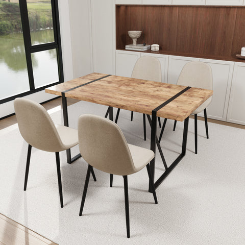 55" Dark Wood Dining Table Set with 4 Beige Suede Chairs - Modern Industrial MDF & Metal Base Kitchen & Dining Room Furniture - Ergonomic Comfort & Easy Assembly