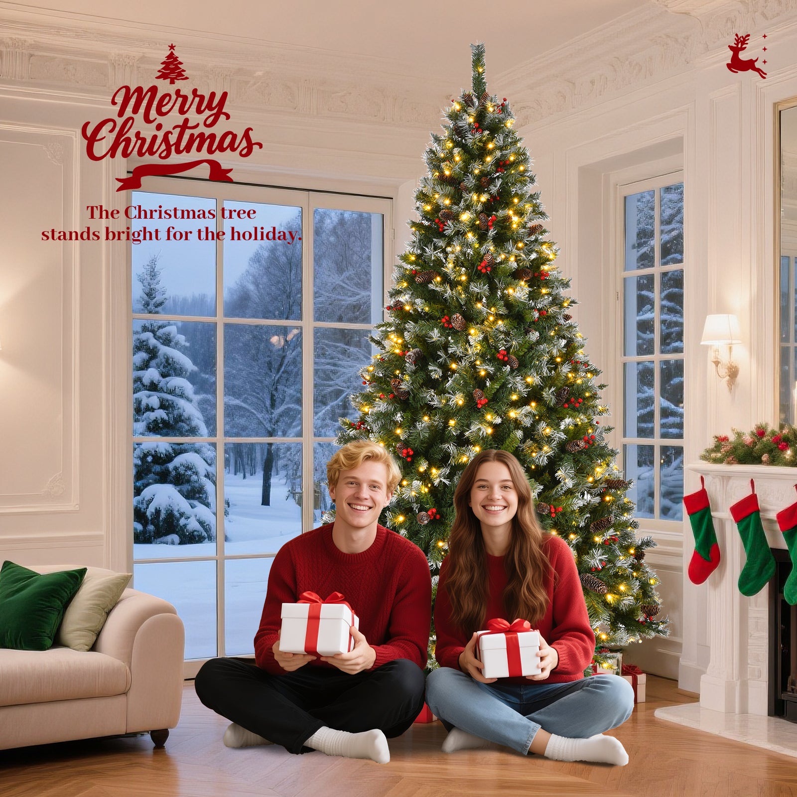 9ft Pre-Lit Pre-Decorated Pine Christmas Tree: 1740 Flocked Frosted Tips, 103 Pine Cones, 309 Red Berries, 600 Lights, Metal Base. Lush Green PVC for Home, Office Holiday Parties. Easy Setup.