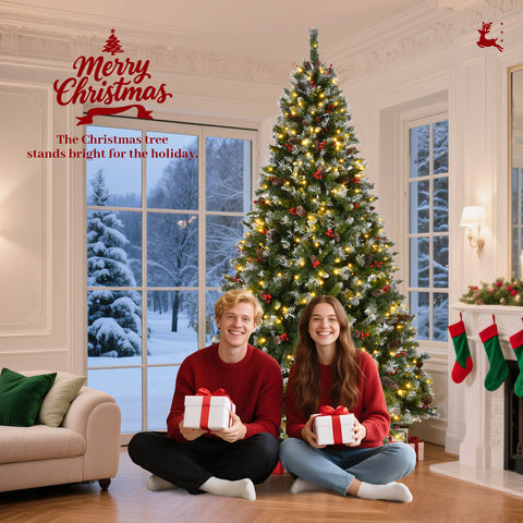 9ft Pre-Lit Pre-Decorated Pine Christmas Tree: 1740 Flocked Frosted Tips, 103 Pine Cones, 309 Red Berries, 600 Lights, Metal Base. Lush Green PVC for Home, Office Holiday Parties. Easy Setup.