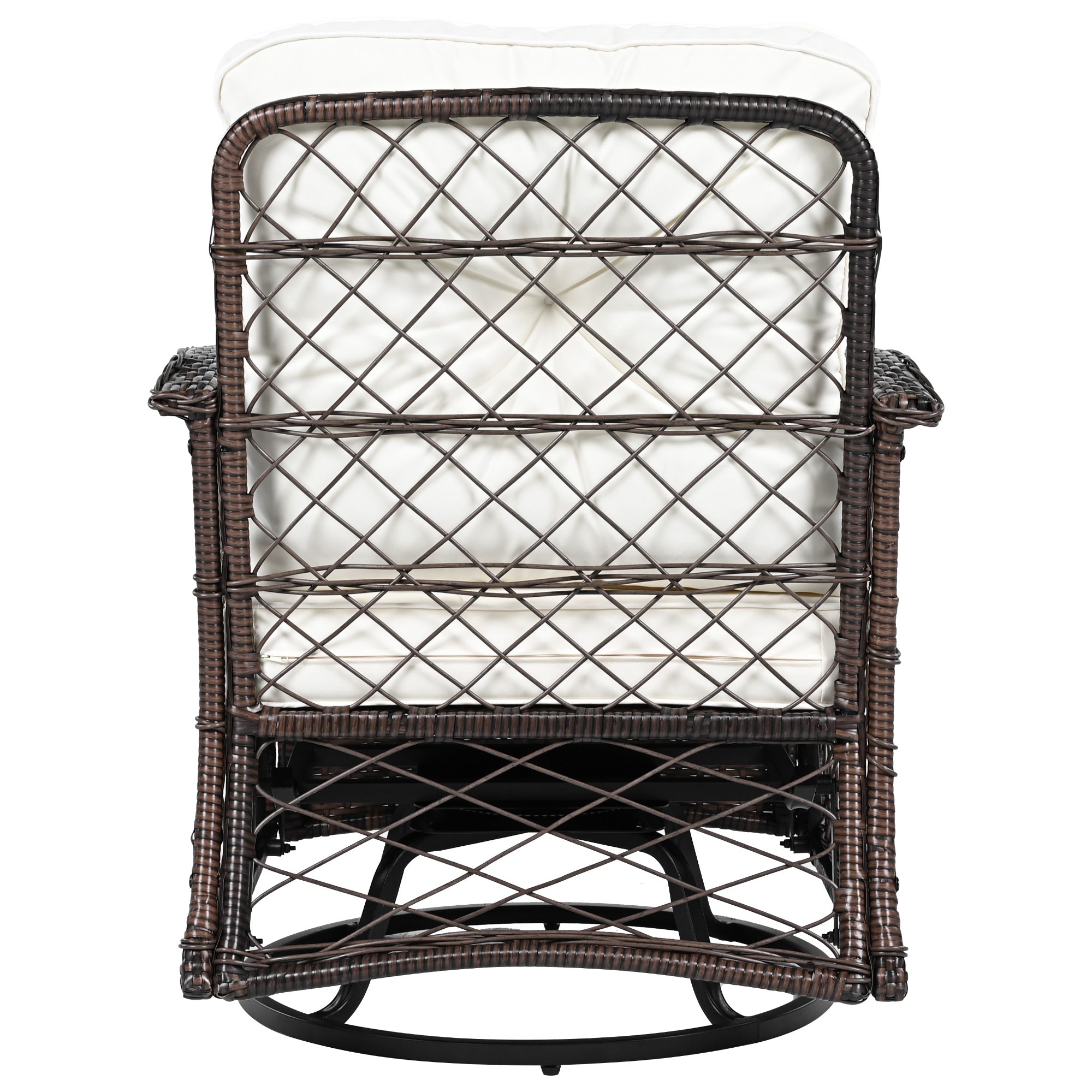 3-Piece Brown Rattan Outdoor Chat Set: 2 Swivel Rocker Chairs &amp; Glass Top Table for Garden Patio Balcony, Weather-Resistant Wicker Seating Group with Cushions